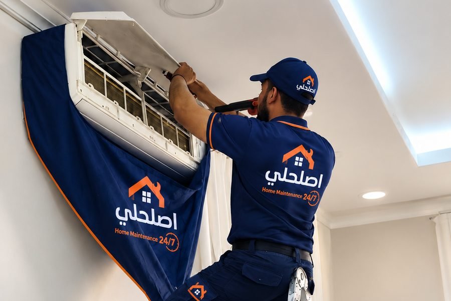 فني يعمل على مكيف هواء