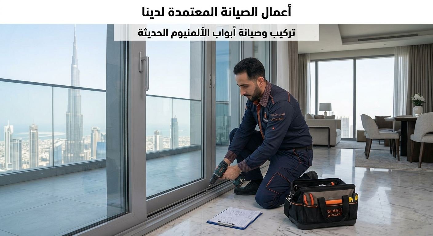 فني أصلحلي أثناء تركيب وصيانة أبواب الألمنيوم والزجاج