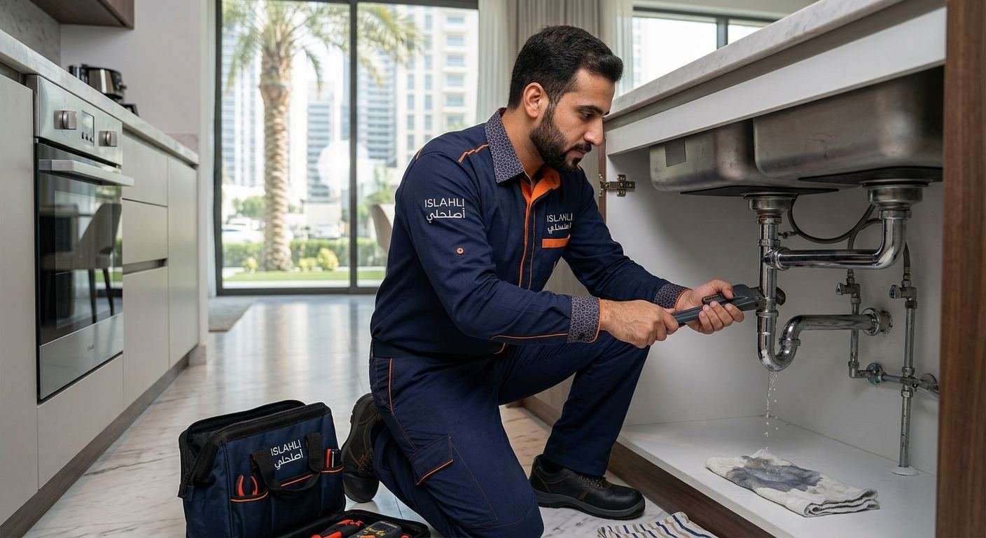 فني سباكة أصلحلي أثناء إصلاح تسريب مياه